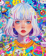 Manga Girl Portrait Psychedelic Colorful Pop-art Concept Drawing image HD Print Neo Art V7 29