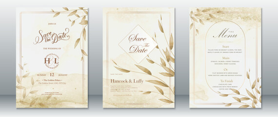 Gold wedding invitation card template nature leaf design luxury with golden frame and watercolor background