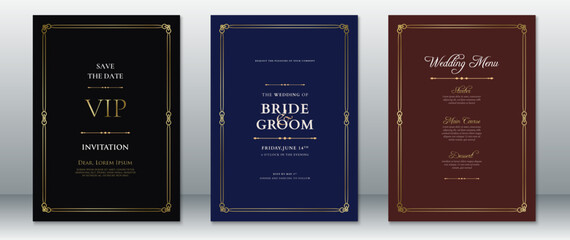 Wedding invitation card template luxury design with golden frame ornament and elegant dark background
