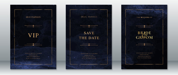 Elegant wedding invitation card template design dark background luxury with space of blue and black  