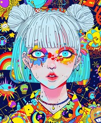 Manga Girl Portrait Psychedelic Colorful Pop-art Concept Drawing image HD Print Neo Art V7 25