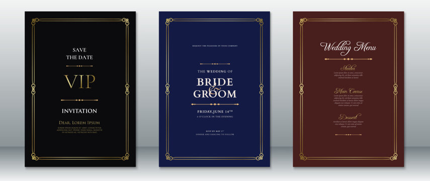 Wedding invitation card template luxury design with golden frame ornament and elegant dark background
