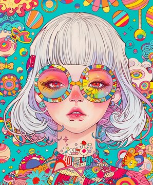 Manga Girl Portrait Psychedelic Colorful Pop-art Concept Drawing image HD Print Neo Art V7 26