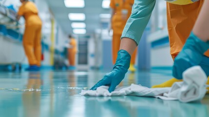 Worker cleaning floor in the building.