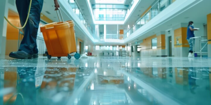 Worker cleaning floor in the building.