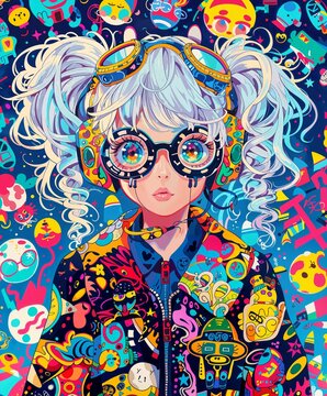 Manga Girl Portrait Psychedelic Colorful Pop-art Concept Drawing image HD Print Neo Art V7 18