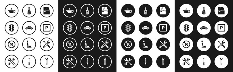 Fototapeta premium Set Car door, Traffic light, Canister for motor machine oil, Parking, key with remote, Screwdriver and wrench tools and No stopping icon. Vector