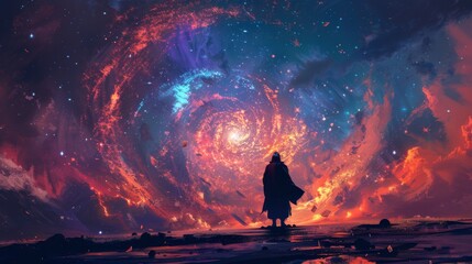 Abstract representation of a samurai's journey through the cosmos blending ancient wisdom with futuristic exploration. Vibrant space backdrop. - obrazy, fototapety, plakaty