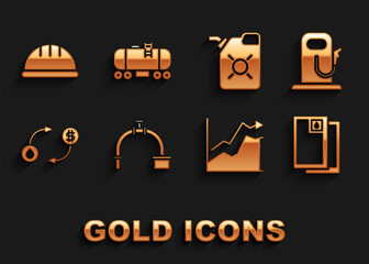 Set Industry pipe and valve, Petrol or gas station, Barrel oil, Oil price increase, exchange, Canister for motor, Worker safety helmet and railway cistern icon. Vector