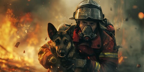 fireman saves a dog from fire Generative AI - obrazy, fototapety, plakaty
