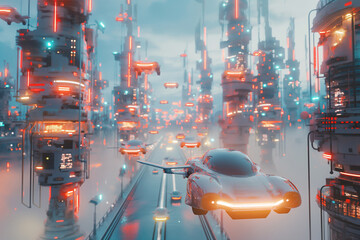 Sleek car hovers through a neon-lit cyber city with towering skyscrapers