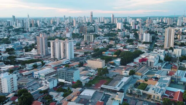 Aerial city scape at sunset in summer in central Cuiaba Mato Grosso