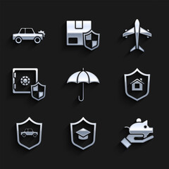 Set Umbrella, Graduation cap with shield, Piggy bank in hand, House, Car, Safe, Plane and icon. Vector