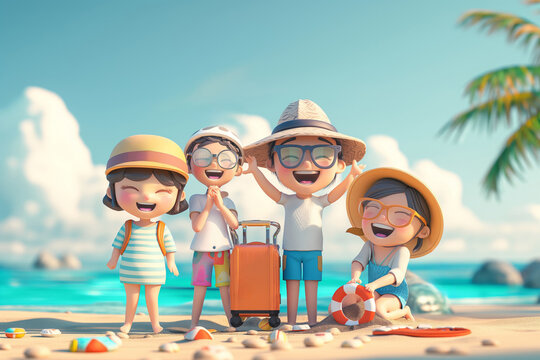 Cheerful animated family with vacation gear poses playfully on a sandy beach