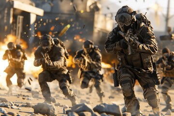 Armed squad in combat gear moving under fire, cinematic scene - obrazy, fototapety, plakaty