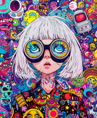 Manga Girl Portrait Psychedelic Colorful Pop-art Concept Drawing image HD Print Neo Art V7 15