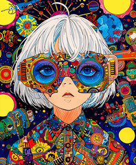 Manga Girl Portrait Psychedelic Colorful Pop-art Concept Drawing image HD Print Neo Art V7 13