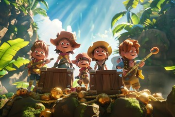 Digital illustration of joyful cartoon characters with treasure chest amidst lush foliage