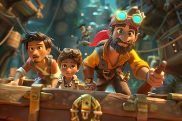 3d illustration of an animated family on an adventure in a steampunk setting