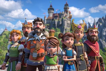 Team of animated medieval characters poses heroically against a fairy tale castle backdrop
