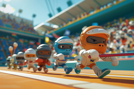 Colorful 3d illustration of animated space runners racing on a track in a stadium