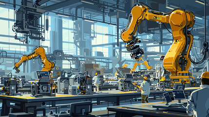 illustration automated efficiency modern industry within factory production line and workers in safety gear - obrazy, fototapety, plakaty
