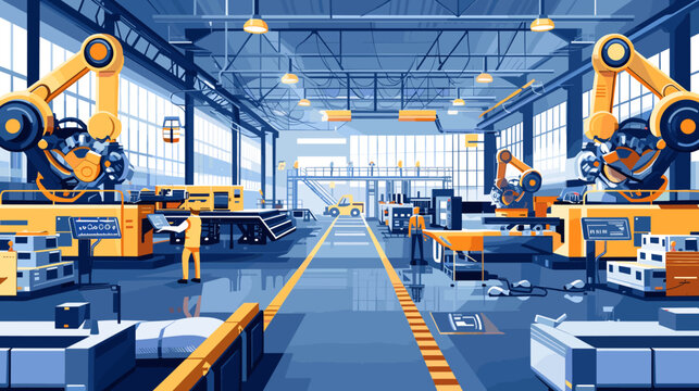 illustration automated efficiency modern industry within factory production line and workers in safety gear