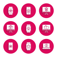 Set Smart watch with smart house and alarm, under protection, Laptop temperature, Computer monitor, Mobile phone home wi-fi, light bulb, and icon. Vector