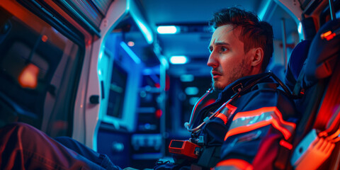 A male paramedic in a reflective mood sitting inside an ambulance during a night shift, with blue lights - obrazy, fototapety, plakaty