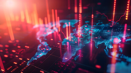 Finance, global financial markets concept. World map at stock market charts and forex data