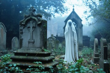 A ghostly apparition in a cemetery. - obrazy, fototapety, plakaty