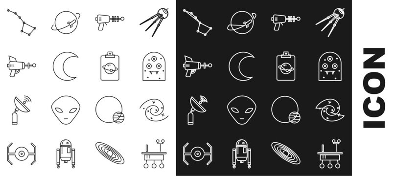 Set line Mars rover, Black hole, Alien, Ray gun, Moon and stars, Great Bear constellation and Planet icon. Vector