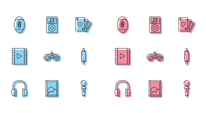 Set line Headphones, Picture landscape, American Football ball, Joystick for arcade machine, Gamepad, Rolling pin, Play Video and Music player icon. Vector