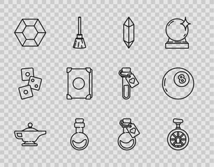 Set line Magic lamp or Aladdin, Unicycle one wheel bicycle, stone, Bottle with love potion, Ancient magic book, and ball of predictions icon. Vector © Oksana