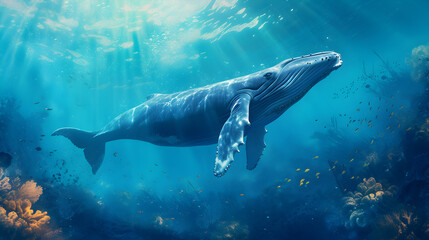 Fototapeta premium giant blue whale swimming in a deep beautiful blue ocean reef at an island with fishes, seaweed and corals. turquoise water color