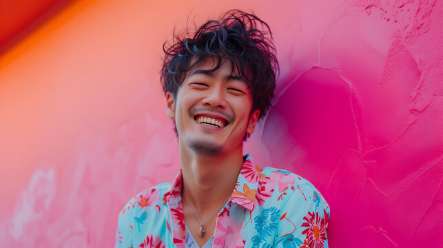 Gen-z handsome asian fashionable male, wearing neon stylish clothes, happy, smiling, retro style in the style of Vaporwave fashion