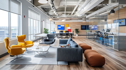 Modern Office of a Tech Startup with Minimalist decor with pops of color from branded accents or...