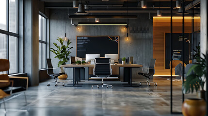 Modern Office of a Tech Startup with Minimalist decor with pops of color from branded accents or...