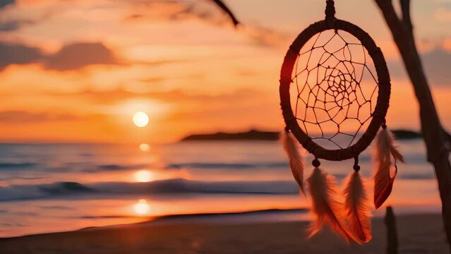 Recreation of a dream catcher in a beach at sunset