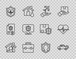 Set line House, Car, Plane in hand, Briefcase, Life insurance with shield, Location, and icon. Vector