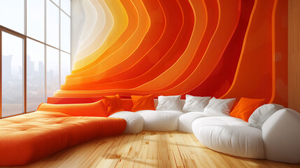 Modern living room with vibrant orange drapery, white sofa, and wooden floor, with cityscape view through large window. - obrazy, fototapety, plakaty