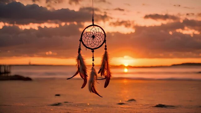 Recreation of a dream catcher at sunset in a beach