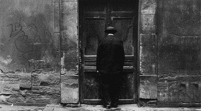The back of a man standing in the doorway 1920s photo black and white