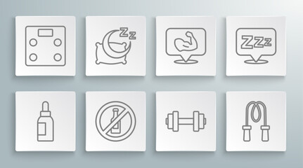 Set line Essential oil bottle, Time to sleep, No alcohol, Dumbbell, Jump rope, Bodybuilder muscle, Sleepy and Bathroom scales icon. Vector