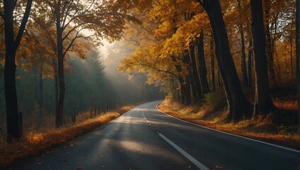 Naklejka na ściany i meble Autumn Fall Road landscape trees tunne and magic ligh.