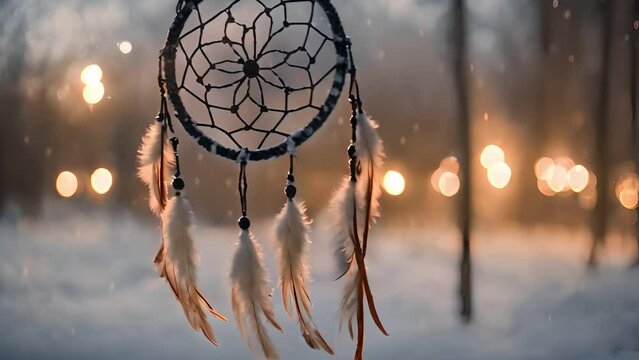 Recreation of a dream catcher a snowy night, slow motion