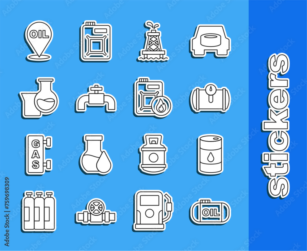 Canvas Prints Set line Oil tank storage, Barrel oil, Gas for vehicle, rig, Metallic pipes and valve, petrol test tube, Refill fuel location and Canister motor icon. Vector