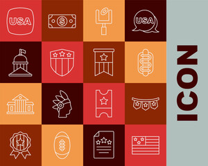 Set line American flag, Carnival garland with flags, Hotdog sandwich, football goal post, Shield stars, White House, USA Independence day and icon. Vector