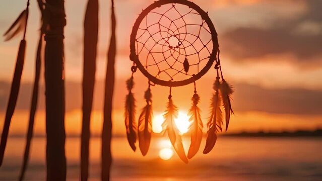 Recreation of a dream catcher in a nice beach at sunset	