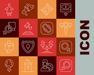 Set line Male gender, Female, reproductive system, Condom in package, rights, Book about women, and Sanitary napkin icon. Vector